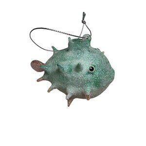 Glittery Green Puffer Fish Hanging Ornament Pier 1 Handmade Blown Glass Coastal